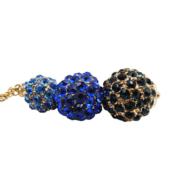 Three Ball Blue Black Rhinestone Pendant Necklace Gold Tone Disco Crafts Jewelry - Picture 5 of 9